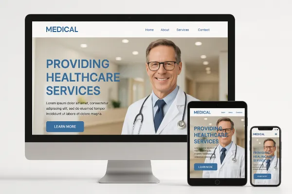 Professional medical website design for doctors displayed on desktop, tablet, and smartphone. Clean blue and white healthcare web design with a smiling doctor and medical clinic reception area in the background.