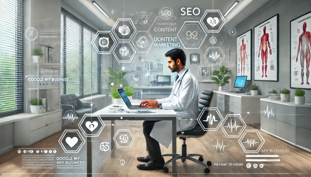 Doctor in modern clinic using laptop with SEO, content marketing, and Google My Business icons overlayed for medical digital strategy