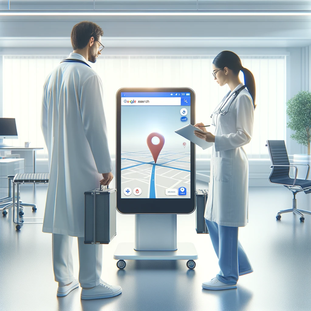 a man and woman standing in front of a large screen