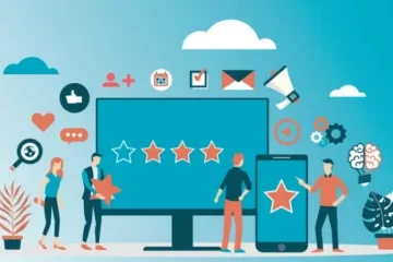 Reputation management for dentists illustrated with people adding star ratings to screens and social media icons