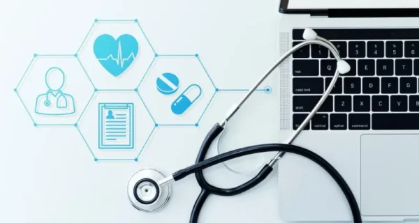 Local SEO for dentists concept with stethoscope, laptop, and medical digital icons representing online visibility