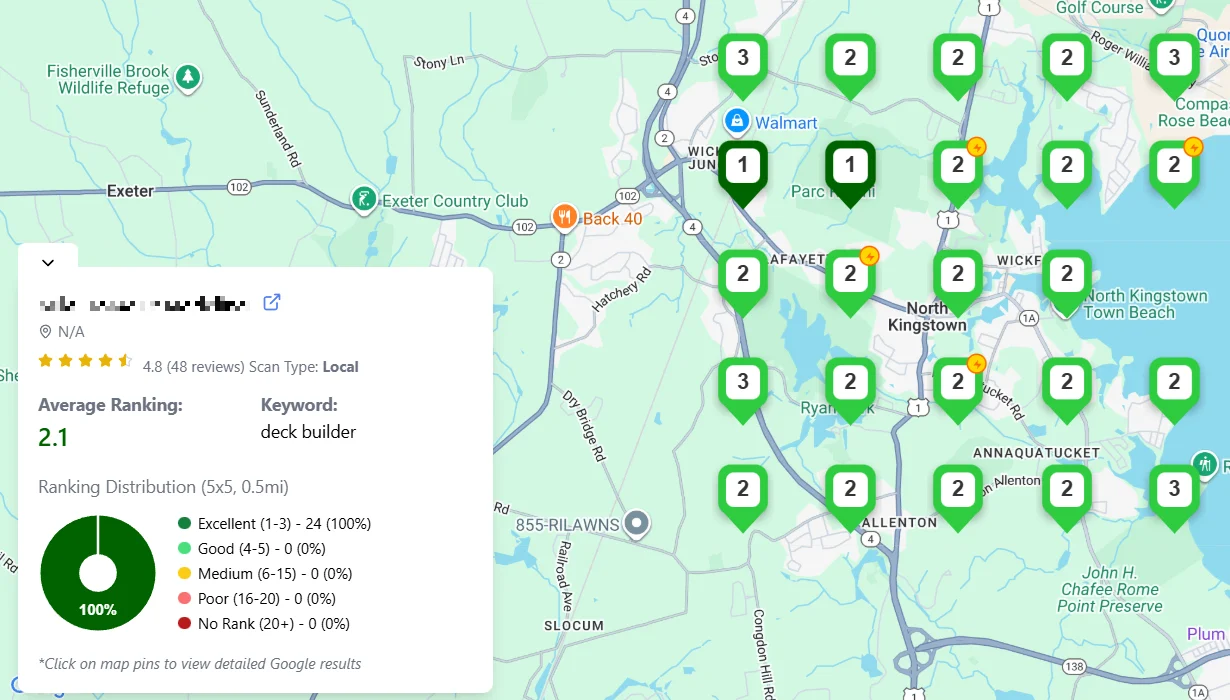 GeoGrid ranking results showing deck builder ranking around position 2.1 in North Kingstown, Rhode Island