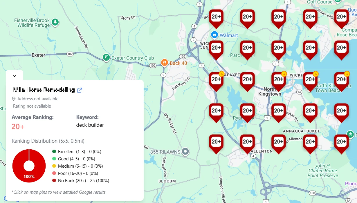 GeoGrid scan showing deck builder ranking 20+ across North Kingstown, Rhode Island