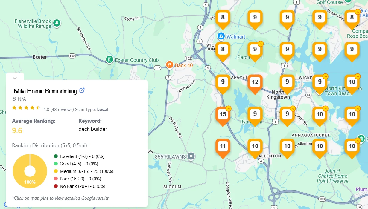 GeoGrid map illustrating deck builder average rank 9.6 in North Kingstown, RI