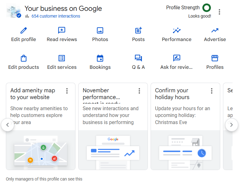 Google Business Profile dashboard for an auto repair shop in Rhode Island showing profile tools and performance options