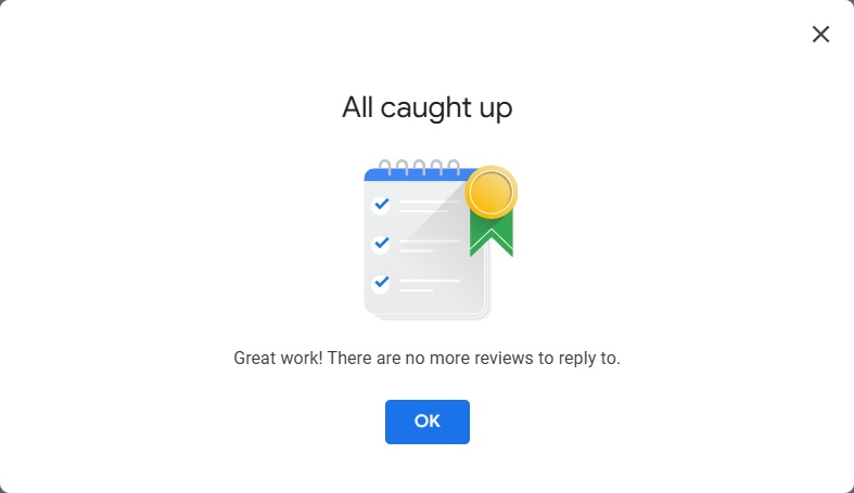 All caught up Google Business Profile reviews screen showing no pending review replies