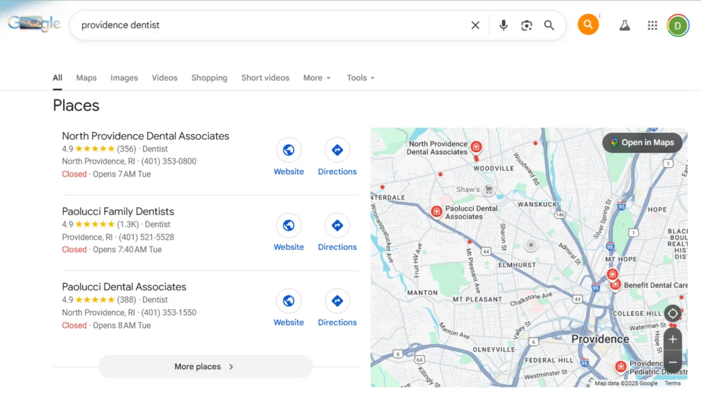 Google Local Pack results for dentists in Providence, Rhode Island