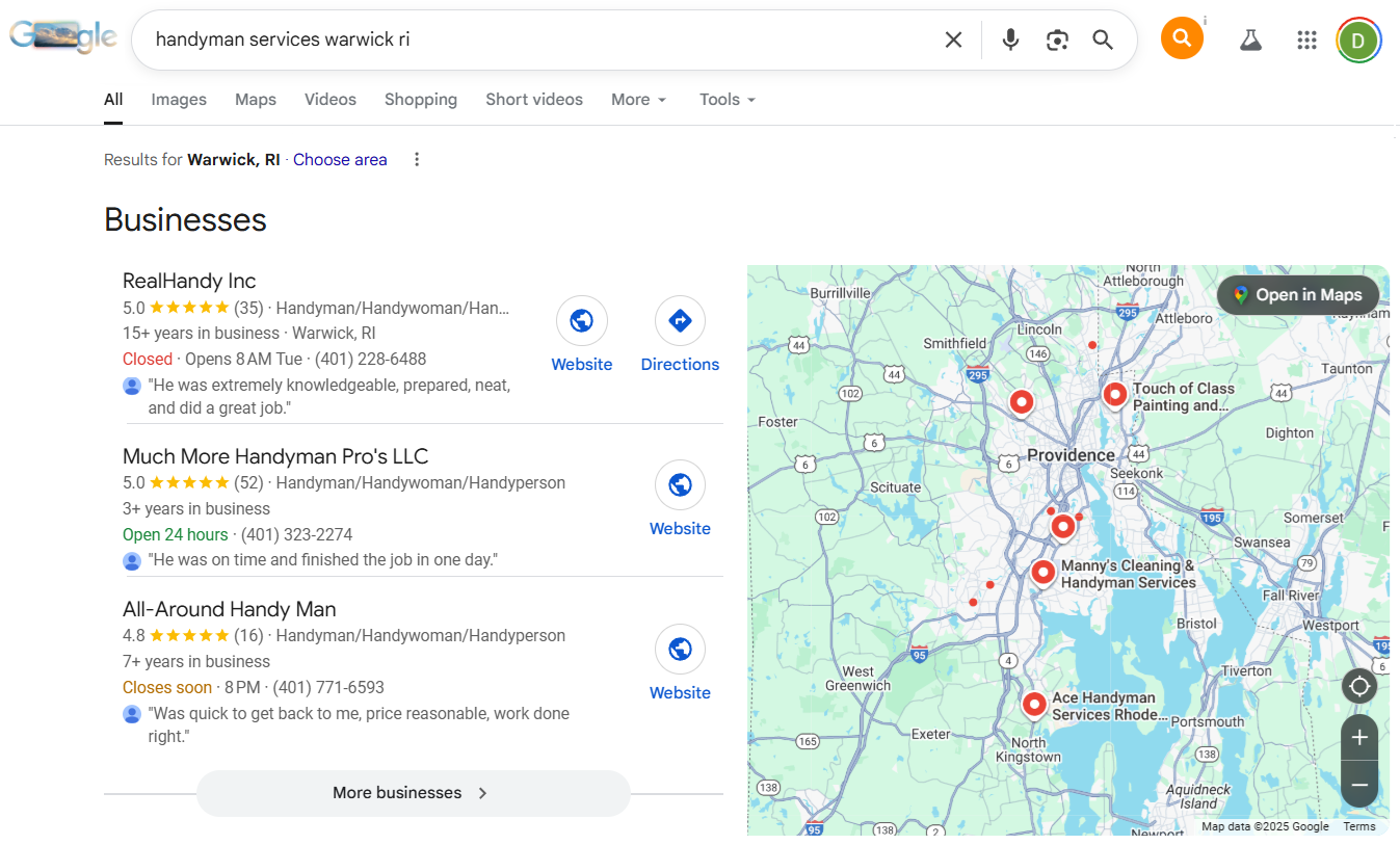 Google Local Pack results highlighting top handyman services in Warwick, Rhode Island